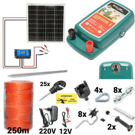 Gard electric - pachete si accesorii - Kit pachet gard electric 2 Joule 12 220V panou solar fir 250m 25 izolatori + accesorii (BK92717-250-04-02)