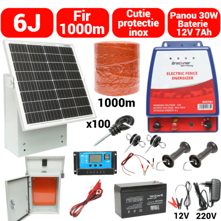 Pachete/kit-uri gard electric - Kit pachet gard electric 6 Joule 12 220V 1000m cu kit fotovoltaic panou solar 30W baterie 12V 7Ah cutie protectie cu suport panou (BK87583-1000-30W-7Ah-Cutie)