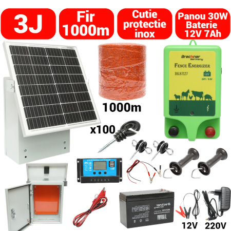 Pachete/kit-uri gard electric - Kit pachet gard electric 3 Joule 12 220V 1000m cu kit fotovoltaic panou solar 30W baterie 12V 7Ah cutie protectie cu suport panou (BK87127-1000-30W-7Ah-Cutie)