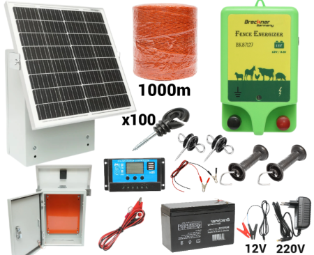 Pachete/kit-uri gard electric - Kit pachet gard electric 3 Joule 12 220V 1000m cu kit fotovoltaic panou solar 30W baterie 12V 7Ah cutie protectie cu suport panou (BK87127-1000-30W-7Ah-Cutie)