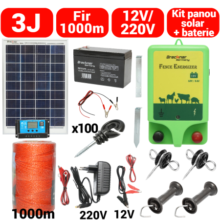 Pachete/kit-uri gard electric - Kit pachet gard electric 3 Joule 12 220V cu kit fotovoltaic panou solar baterie 7ah 1000m (BK87127-1000-03-7ah)