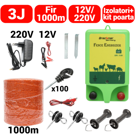 Pachete/kit-uri gard electric - Kit pachet gard electric 3 Joule 12 220V fir 1000m 100 izolatori (BK87127-1000-01)