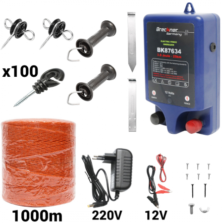 Gard electric - pachete si accesorii - Kit pachet gard electric 3 Joule 12 220V fir 1000m 100 izolatori (BK87634-1000-01)