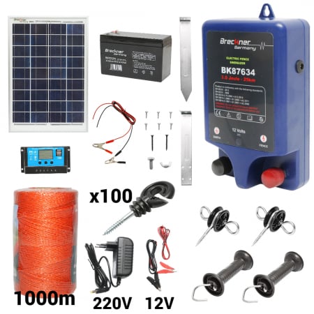 Gard electric - pachete si accesorii - Kit pachet gard electric 3 Joule 12 220V cu kit fotovoltaic panou solar baterie 7ah 1000m (BK87634-1000-03-7ah)