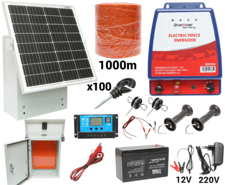 Pachete/kit-uri gard electric - Kit pachet gard electric 6 Joule 12 220V 1000m cu kit fotovoltaic panou solar 30W baterie 12V 7Ah cutie protectie cu suport panou (BK87583-1000-30W-7Ah-Cutie)