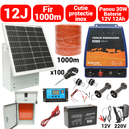 Pachete/kit-uri gard electric - Kit pachet gard electric 12 Joule 12 220V 1000m cu kit fotovoltaic panou solar 30W baterie 12V 12Ah cutie protectie cu suport panou (BK87126-1000-30W-12Ah-Cutie)