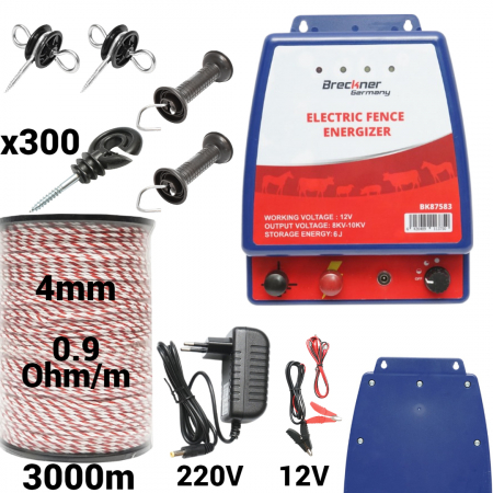 Pachete/kit-uri gard electric - Kit pachet gard electric 6 Joule 12 220V fir 3000m 300 izolatori (BK87583-3000-4mm)