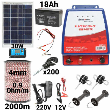Gard electric - pachete si accesorii - Kit pachet gard electric 6 Joule 12 220V panou baterie 18ah 2000m (BK87583-2000-4mm-30W-18ah)