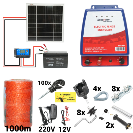 Gard electric - pachete si accesorii - Kit pachet gard electric 6 Joule 12 220V panou baterie 7ah fir 1000m + accesorii (BK87583-1000-03.5-7ah)