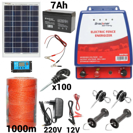 Gard electric - pachete si accesorii - Kit pachet gard electric 6 Joule 12 220V  cu kit fotovoltaic panou baterie 7ah fir 1000m (BK87583-1000-03-7ah-T)