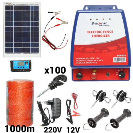 Pachete/kit-uri gard electric - Kit pachet gard electric 6 Joule 12 220V panou solar 1000m 100 izolatori (BK87583-1000-02)