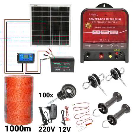 Gard electric - pachete si accesorii - Kit pachet gard electric 9 Joule 12 220V 1000m panou baterie (Gi9J-1000-10W-7Ah)