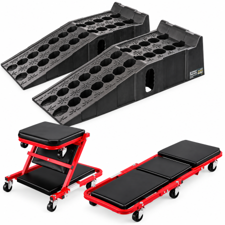 Rampa - Kit pachet rampa auto 8 Tone + Banca atelier 2 in 1 tip sezlong si scaun, 6 roti pivotante, cadru metalic, 150 kg  (PM-NZS-8T+KD10764)