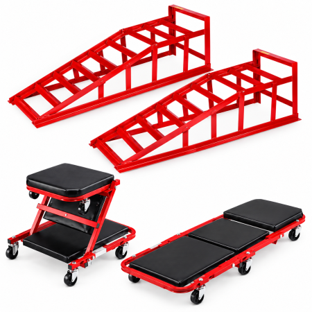 Rampa - Set 2 rampe rampi auto 2T 2000kg de acces pliabile din otel per set mobile + Banca atelier 2 in 1 tip sezlong si scaun, 6 roti pivotante, cadru metalic, 150 kg  (MXRN2851+KD10764)