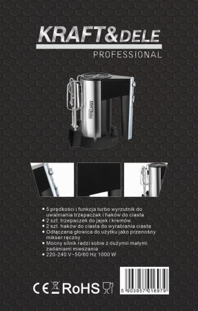 Mixer de mana 1000W cu 5 viteze si functie turbo cu teluri si carlige aluat (KD4142) [13]