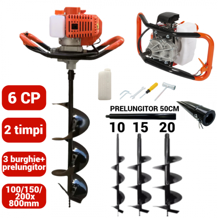 Motoburghii / burghii - Motoburghiu foreza pamant gheata 6CP + 3 burghie + prelungitor 50cm (MX564+100 150 200+)