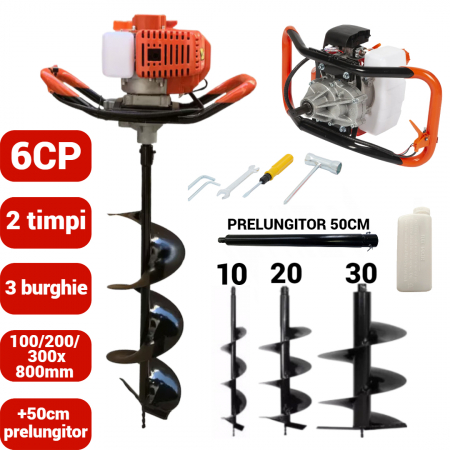 Motoburghii / burghii - Motoburghiu foreza pamant gheata 6CP + 3 burghie + prelungitor 50cm (MX564+100 200 300+)