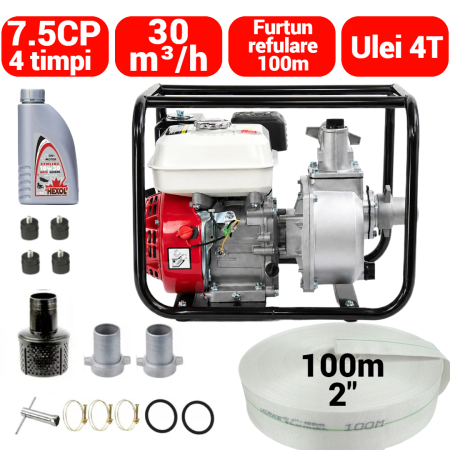 Pompa apa - Motopompa benzina 4timpi 7.5CP + furtun 100m 2 toli + ulei motor