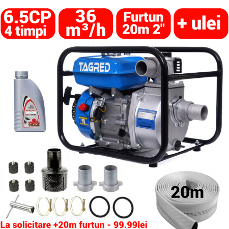 Pompa apa - Motopompa benzina 4timpi 6.5CP + furtun 20m 2 toli +ulei motor (TA551+(1))