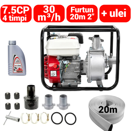 Pompa apa - Motopompa benzina 4timpi 7.5CP + furtun 20m 2 toli +ulei motor (BK87740+(1))