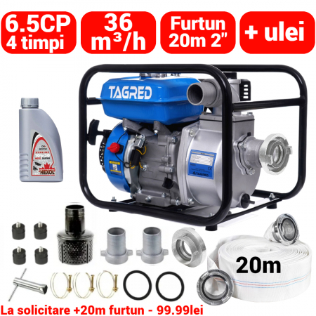 Pompa apa - Motopompa benzina 4timpi 6.5CP + furtun 20m cu conectori 2 toli +ulei motor (TA551+(2))