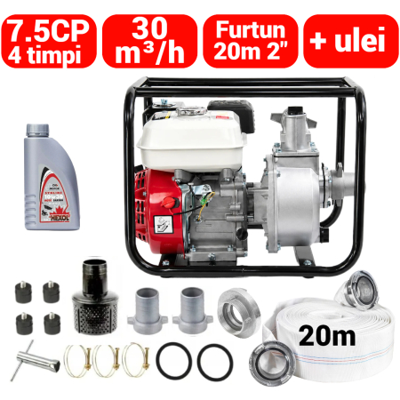 Scule pentru gradinarit - Motopompa benzina 4timpi 7.5CP + furtun 20m cu conectori 2 toli +ulei motor (BK87740+(2))