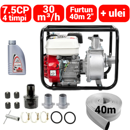 Scule pentru gradinarit - Motopompa benzina 4timpi 7.5CP + furtun 40m 2 toli +ulei motor (BK87740+(3))