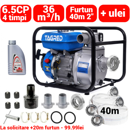 Pompa apa - Motopompa benzina 4timpi 6.5CP + furtun 40m cu conectori 2 toli +ulei motor (TA551+(4))