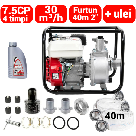 Scule pentru gradinarit - Motopompa benzina 4timpi 7.5CP + furtun 40m cu conectori 2 toli +ulei motor (BK87740+(4))