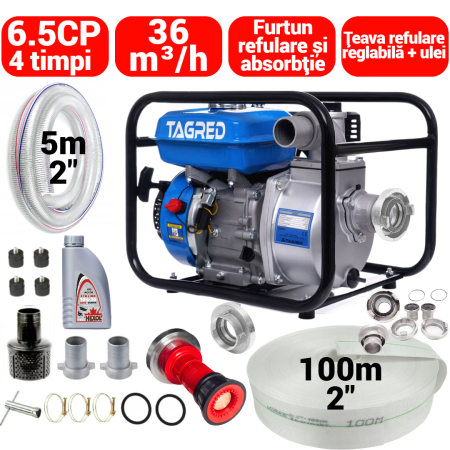 Scule pentru gradinarit - Motopompa benzina 6.5CP + furtun 100m refulare cu conectori + 5m absorbtie + teava revulare + ulei