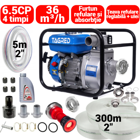 Scule pentru gradinarit - Motopompa benzina 6.5CP + furtun 300m refulare cu conectori + 5m absorbtie + teava revulare + ulei