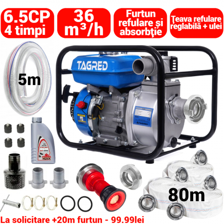 Pompa apa - Motopompa benzina 6.5CP + furtun 80m refulare + 5m absorbtie + teava revulare +ulei (TA551+(7))