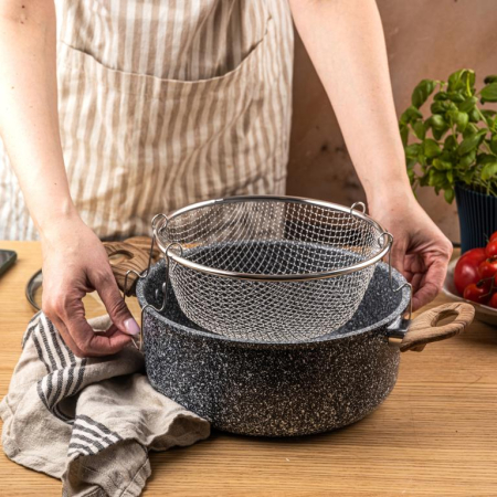 Oala pentru cartofi prajiti 24 cm 4 l cu invelis marmorat cos inox si capac (KH-1985) [7]