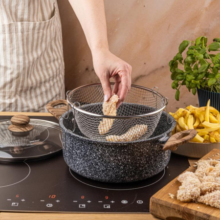 Oala pentru cartofi prajiti 24 cm 4 l cu invelis marmorat cos inox si capac (KH-1985) [15]