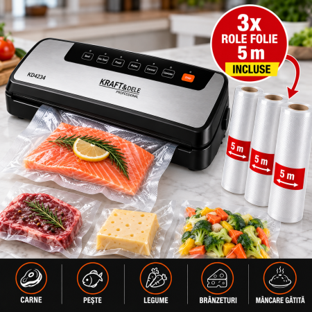 Altele - Pachet Aparat de Vidat și Sigilat 150W, -70 kPa + 3 Role Folie 25 cm x 5 m – 15 m Folie Incluși