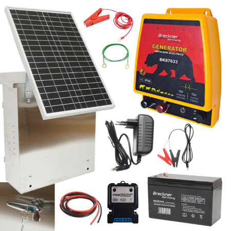 Pachete/kit-uri gard electric - Pachet aparat generator impulsuri 12 Joule panou solar 30W baterie 12V 12Ah cutie din inox pentru gard electric (BK87633)