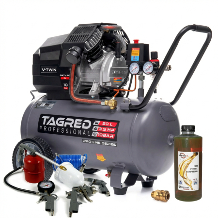 Pachete promotionale - Compresor aer comprimat 50L 2 pistoane 10 bar + set 5 accesorii pneumatice + 2L ulei + cupla rapida (TA365+5PCSPNEUM+2X6093+TA0002)