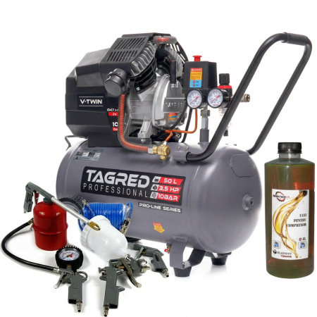 Pachete promotionale - Compresor aer comprimat 50L 2 pistoane 10 bar + set 5 accesorii pneumatice + ulei compresor (TA365+PNEUM5PCS+EFT-6093)