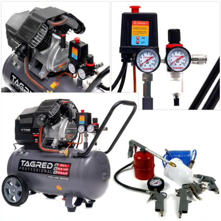 Compresor aer comprimat 50L 2 pistoane 10 bar + set 5 accesorii pneumatice + ulei compresor (TA365+PNEUM5PCS+EFT-6093) [15]