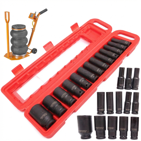 Scule Atelier Auto - Pachet cric pneumatic 3.5T + trusa 13 chei tubulare lungi impact 1/2 10-32mm (14308+KD10521)