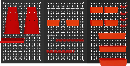 Altele - Panou metalic scule 120x60 cm, 3 segmente, perforat, cu carlige si recipiente (KD11898)