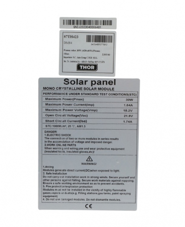 Panou solar 30W cablu 90cm fotovoltaic policristalin cu cablu de conectare si tensiune maxima 18V 350x240x17mm DISDM84 (87th423) [3]