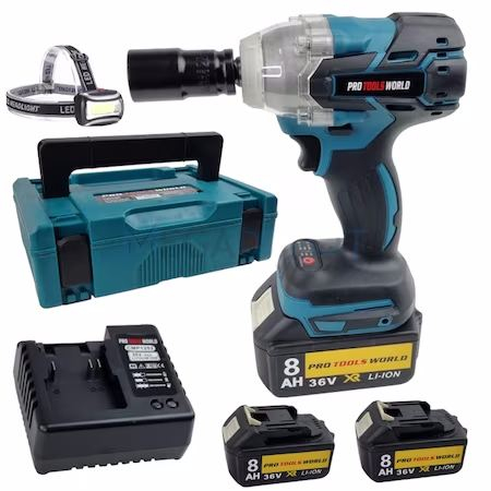 Scule Atelier Auto - Pistol Cheie impact 330Nm 1 2 cu 2 acumulatori baterii 36V 8ah + lanterna cap insurubat desfacut (CMP1254)