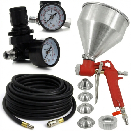 Pistol pneumatic tencuiala glet vopsea vas 5l 4-6-8mm + furtun cauciuc pneumatic 20m 20bar + reductor regulator de presiune pentru pistol vopsit (V81281+KD1467+TA130) [0]