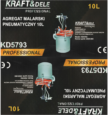 Pistol vopsit cu rezervor vas sub presiune 10L , duza 2.0 mm, rezervor otel, furtunuri 2.9 m, regulator presiune (KD5793) [15]