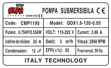 Pompa apa murdara si curata submersibila cu sita 25m fara plutitor 3m³h (CMP1195) [1]
