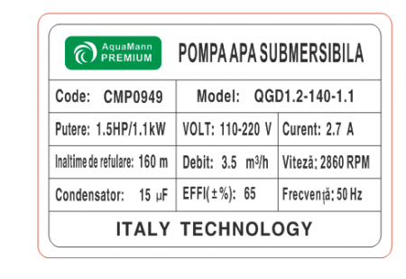 Pompa apa submersibila 3.5m³h 160M fara plutitor flotor (CMP0949) [1]