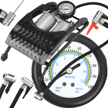 Altele - Pompa de picior cu doua pistoane Ripper, 7 bar, manometru si accesorii (M82009)