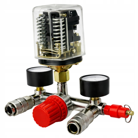 Altele - Presostat trifazat cu racord T si manometre pentru control compresor (KD2169)