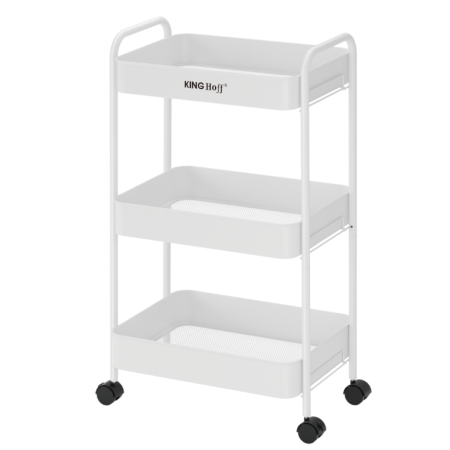 Organizatoare bucatarie - Raft mobil cu trei niveluri si roti pivotante din otel alb (KH-1942)